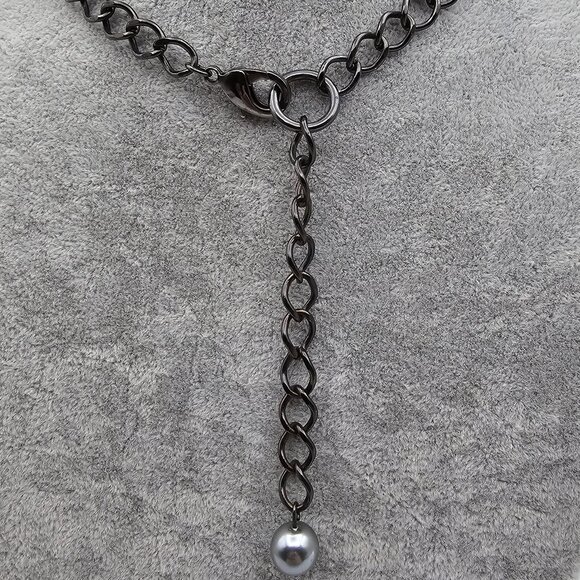 Chandelier Necklace with Blackened Metal, Faux Gray Pearls & Beads - 16" - 19" - Picture 6 of 7